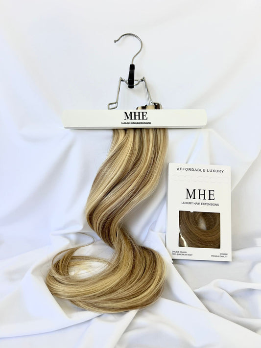 80/20 mix light brown/clean blonde tape in hair extensions