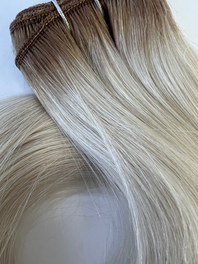 PREMIUM BLONDES AAAAA+ WEFT HAIR-ROOT SMUDGE T10/601 DIRTY GOLDEN BROWN/PUREST BLONDE MIDS AND ENDS 20inch